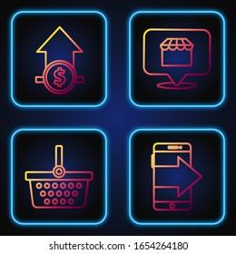 Set line Smartphone, mobile phone, Shopping basket, Financial growth and coin and Online shopping concept. Gradient color icons. Vector