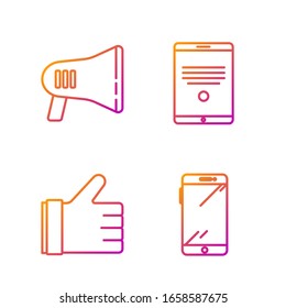 Set line Smartphone, mobile phone, Hand like, Megaphone and Tablet. Gradient color icons. Vector