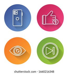 Establezca la línea Smartphone, teléfono móvil, tipo mano, Ojo y Rápido hacia adelante. Botón de círculo de color. Vector
