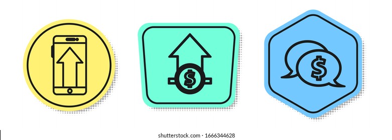 Set line Smartphone, mobile phone, Financial growth and coin and Speech bubble with dollar. Colored shapes. Vector