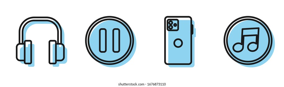 Set line Smartphone, mobile phone, Headphones, Pause button and Music note, tone icon. Vector