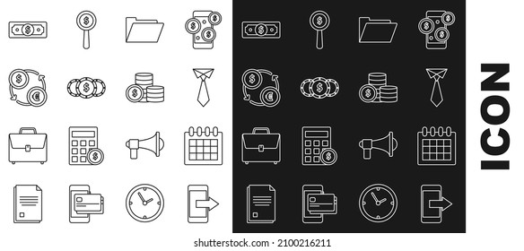 Set line Smartphone, mobile phone, Calendar, Tie, Document folder, Coin money with dollar symbol, Money exchange, Stacks paper cash and  icon. Vector