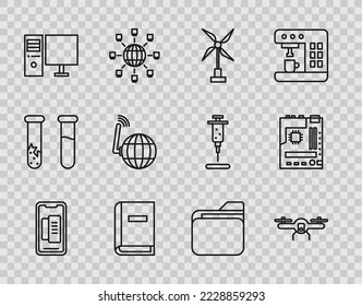 Set-Line Smartphone, Handy, Drohne fliegen, Windturbine, Bedienungsanleitung, Computer-Monitor, Social Network, Dokument-Ordner und Motherboard-Symbol. Vektorgrafik