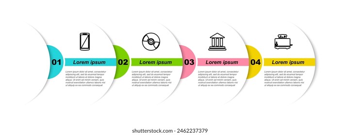 Set line Smartphone, mobile phone, CD or DVD disk, Bank building and Toaster with toasts. Business infographic template. Vector