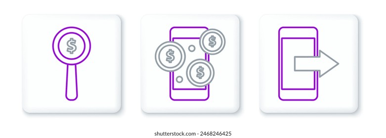 Set line Smartphone, mobile phone, Magnifying glass and dollar symbol and with icon. Vector