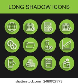 Set line Smartphone, mobile phone, Coin money with dollar symbol, Earth globe, File document, Wallet coins, Document folder, Pie chart infographic and Money bag and icon. Vector