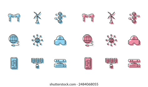 Set line Smartphone, mobile phone, Server, Data, Web Hosting, Air headphones, Motion sensor, Social network, Virtual reality glasses,  and Wind turbine icon. Vector