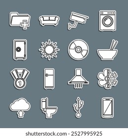 Set line Smartphone, mobile phone, Air conditioner, Bowl with chopsticks, Security camera, Sun, Safe, Add new folder and CD or DVD disk icon. Vector