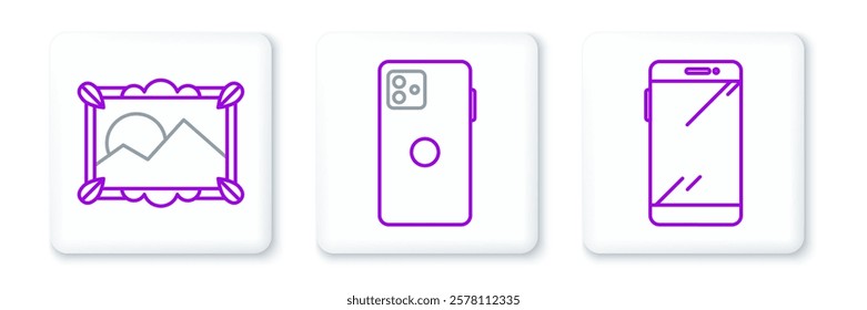 Set line Smartphone, mobile phone, Picture landscape and  icon. Vector