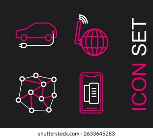 Set line Smartphone, mobile phone, Neural network, Social and Electric car icon. Vector