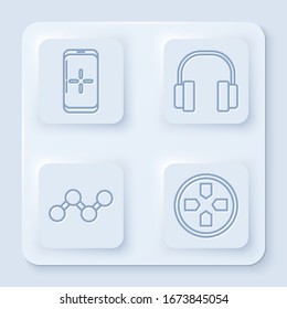 Set line Smartphone and playing in game, Headphones, Share and Gamepad. White square button. Vector