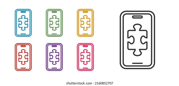 Establece la línea Smartphone y el icono de juego aislado en fondo blanco. Concepto de juego móvil. Indique los iconos en colores. Vector