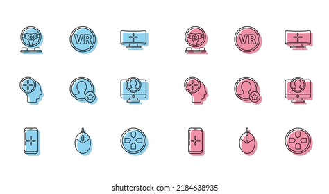 Set line Smartphone and playing in game, Computer mouse gaming, Racing simulator cockpit, Gamepad, Premium create account screen, Create, Head hunting concept and Virtual reality glasses icon. Vector