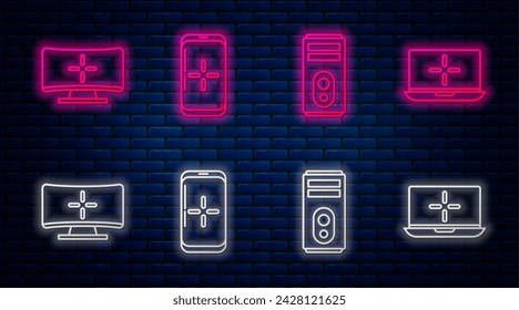 Set line Smartphone and playing in game, Computer, Computer monitor and Laptop. Glowing neon icon on brick wall. Vector