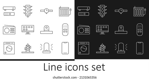 Set line Smartphone, Remote control, Wrist watch, Tv, Radio, Multimedia and TV box, Security camera and Traffic light icon. Vector