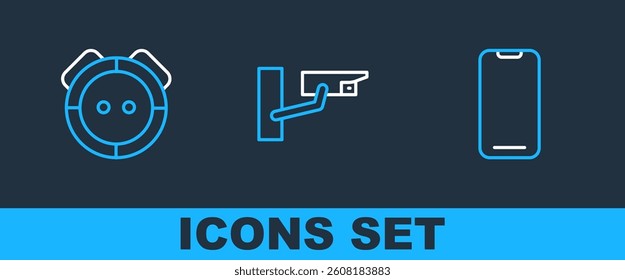 Set line Smartphone, Robot vacuum cleaner and Security camera icon. Vector