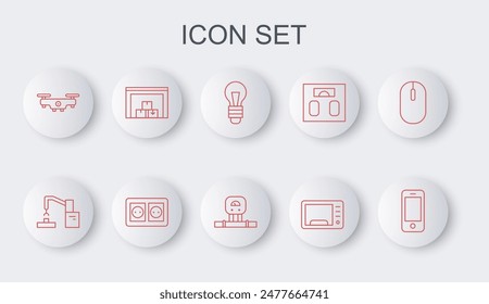 Set line Smartphone, Robotic robot arm hand factory, Light bulb, Microwave oven, Drone flying, Warehouse, Electrical outlet and sensor icon. Vector