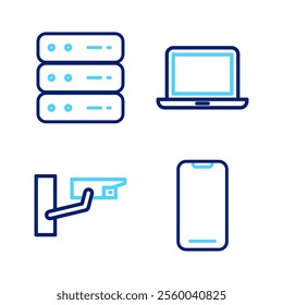 Set line Smartphone, Security camera, Laptop and Server, Data, Web Hosting icon. Vector