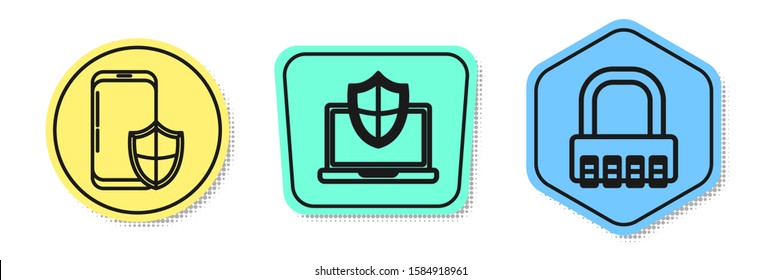 Set line Smartphone with security shield , Laptop protected with shield and Safe combination lock . Colored shapes. Vector