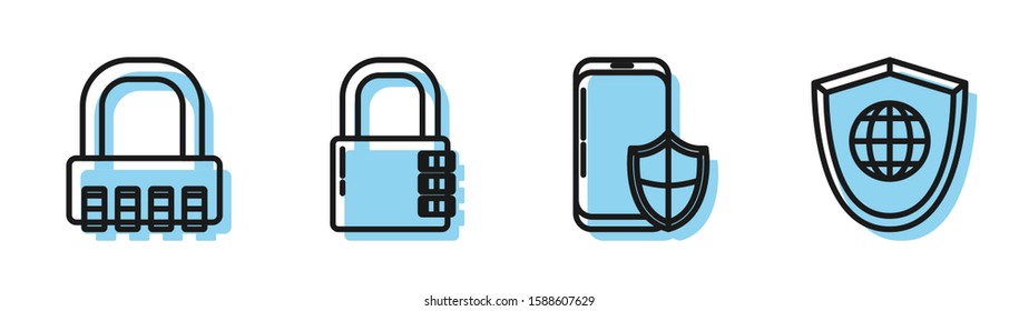 Set line Smartphone with security shield , Safe combination lock , Safe combination lock  and Shield with world globe  icon. Vector