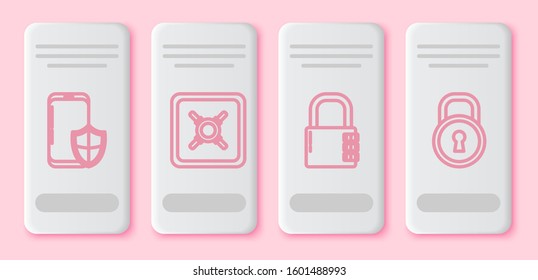 Set line Smartphone with security shield , Safe , Safe combination lock  and Lock . White rectangle button. Vector