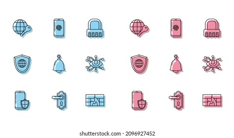 Ajuste la línea Smartphone con protector de seguridad, mango de puerta, llave de globo, cortafuegos, pared, campana de sonido, exploración ocular, globo de escudo mundial e icono del escáner de huellas digitales. Vector
