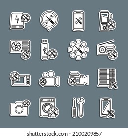 Ajuste la línea de servicio Smartphone, servidor de base de datos, radio, unidad flash USB, aire acondicionado, banco de energía y llave electrónica y destornillador en el icono de marcha. Vector