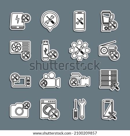 Set line Smartphone service, Database server, Radio, USB flash drive, Air conditioner, Power bank and Wrench and screwdriver in gear icon. Vector