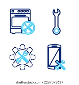 Set line Smartphone service, Wrench and screwdriver in gear,  and Oven icon. Vector