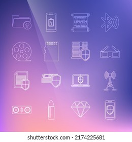Fijar línea Smartphone con escudo, antena, gafas de cine 3D, desplazamiento de papel, tarjeta de memoria Micro SD, carrete de película, carpeta de flecha de descarga e icono de servidor. Vector