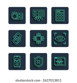 Set line Smartphone, Shield with cross mark, Browser incognito window, Password protection, Processor microcircuits CPU, Chain link, Firewall, security wall and Eye scan icon. Vector