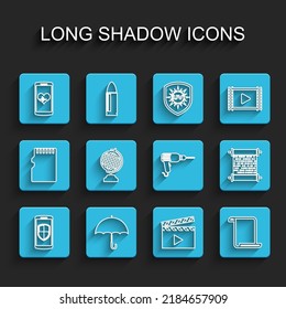 Set line Smartphone with shield, Umbrella, heart rate, Movie clapper, Paper scroll, Earth globe,  and Drill machine icon. Vector