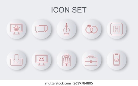 Set line Smartphone with upload, Download, Fountain pen nib, Toolbox, Monitor shopping basket, Chat, and envelope and Medical hospital building icon. Vector