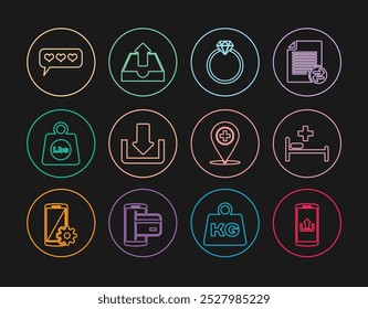 Set line Smartphone with upload, Hospital bed, Diamond engagement ring, Download, Weight pounds, Like and heart, Medical location cross and Upload inbox icon. Vector