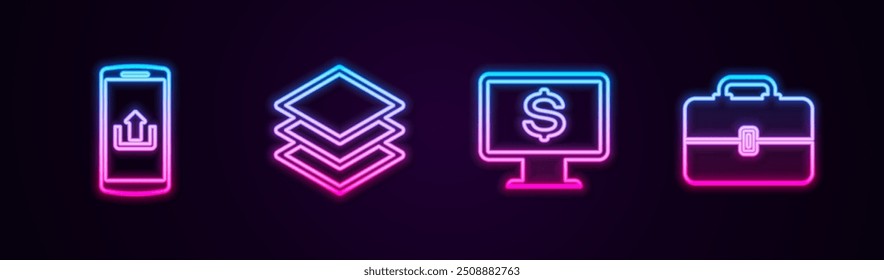 Smartphone de la línea del sistema con el Cargar, las capas, el dólar del monitor y la caja de herramientas. Icono de neón brillante. Vector
