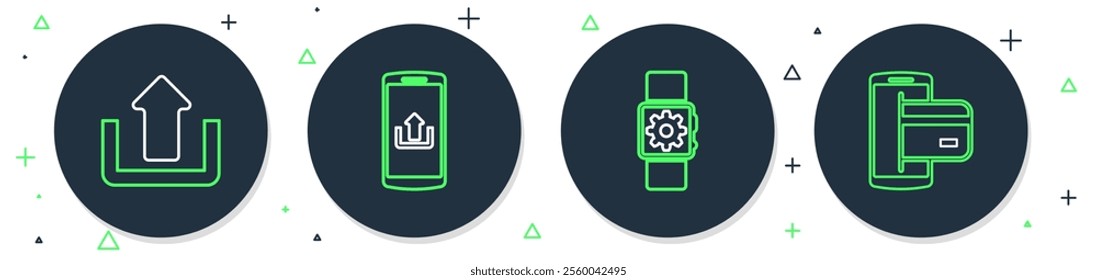 Set line Smartphone with upload, Smartwatch setting, Upload and NFC Payment icon. Vector