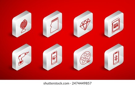 Set line Smartphone with, Micro SD memory card, Diamond, Film reel, Earth globe, heart rate and Drill machine icon. Vector
