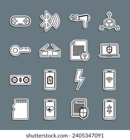 Set line Smartphone with, wireless, Laptop shield, Hair dryer, 3D cinema glasses, Key, Gamepad and Upload file icon. Vector