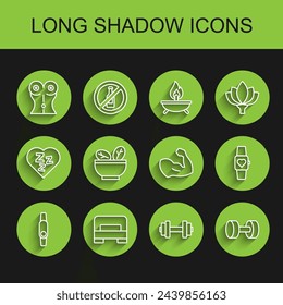 Reloj inteligente, cama grande, cintura de las mujeres, mancuerna, ensalada en el tazón, y el icono muscular del culturista. Vector