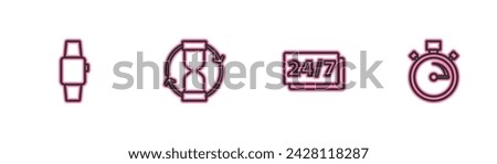 Set line Smartwatch, Clock 24 hours, Old hourglass and Stopwatch icon. Vector