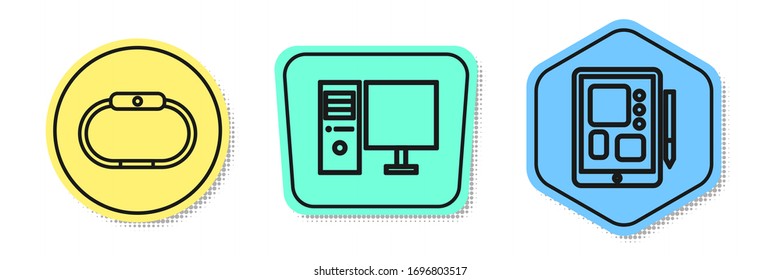 Set line Smartwatch, Computer monitor and Graphic tablet. Colored shapes. Vector