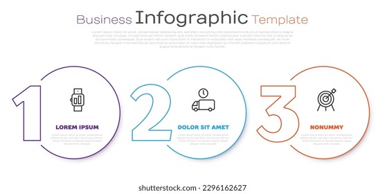 Set line Smartwatch, Delivery time and Target sport. Business infographic template. Vector