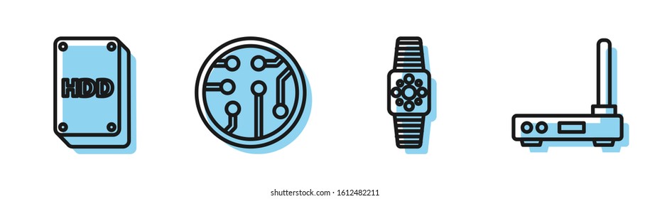 Set line Smartwatch, Hard disk drive HDD, Processor and Router and wi-fi signal icon. Vector