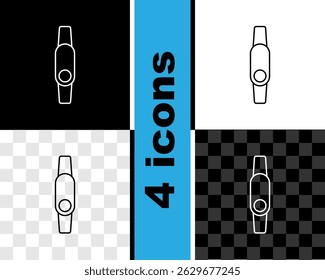 Set line Smartwatch icon isolated on black and white, transparent background. Fitness App concept.  Vector - Powered by Shutterstock - Get 15% off with code: PIKWIZARD15