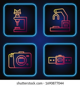 Set line Smartwatch, Mirrorless camera, Microscope and Robotic robot arm hand factory. Gradient color icons. Vector