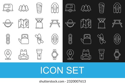 Set line Smartwatch, Rafting boat, Picnic table with benches, Sleeping bag, Location of the forest on map, Camping hat, Rv trailer and gas stove icon. Vector