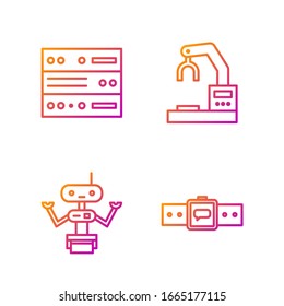 Set line Smartwatch, Robot, Server, Data, Web Hosting and Robotic robot arm hand factory. Gradient color icons. Vector