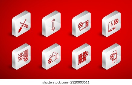 Set line Smartwatch service, Wrench, Microwave oven, Power bank, Database server, Crossed screwdrivers, Video camera and Air conditioner icon. Vector