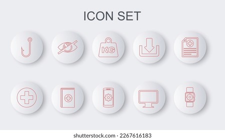 Set line Smartwatch setting, Medical cross circle, Weight, Computer monitor screen, Fishing hook, Invisible hide, book and Setting smartphone icon. Vector