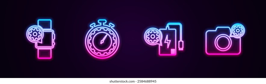 Set line Smartwatch setting, Time management, Power bank and Photo camera. Glowing neon icon. Vector